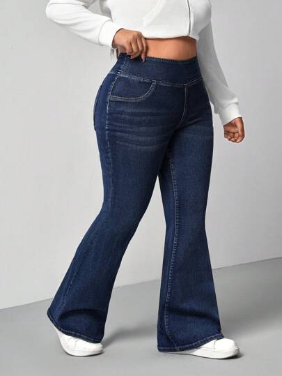 Dripcurv 加大码蓝色牛仔喇叭牛仔裤，弹力休闲紧身弹力喇叭腿，高腰紧身打底裤，女式加大码弹力腰紧身打底裤，休闲轻质弹力牛仔平纹针织面料，适合瑜伽、运动、户外和日常穿着，带口袋的紧身裤，塑身打底裤