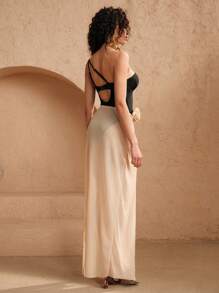 Swim Oasis 1 Pc Women 3D Floral Decor Strapless One-Piece Swimsuit With Sheer Kimono And Mini Skirt For Summer Beach Vacation