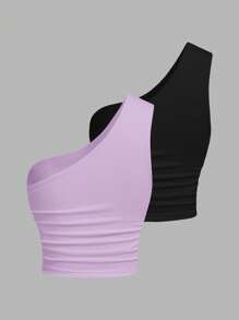 SHEIN EZwear Top de mujer de punto de un solo hombro en tonos negro y lavanda