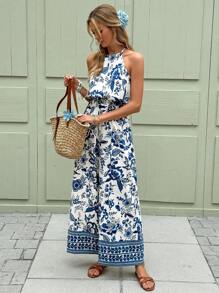 SHEIN Frenchy Women's Simple Blue Celadon Print Hanging Neck Fashion Long Jumpsuit For Summer And Vacation Wear Summer Outfits For Women Vacation Outfits Women Beach Outfits For Woman Bodysuits For Women Boho Women Clothing Flower