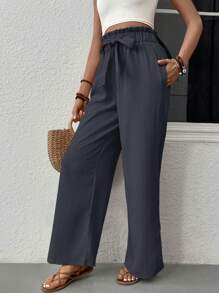 Solid Color Paper Bag Waist Drawstring Pockets Casual Pants - Dark Grey - View 4