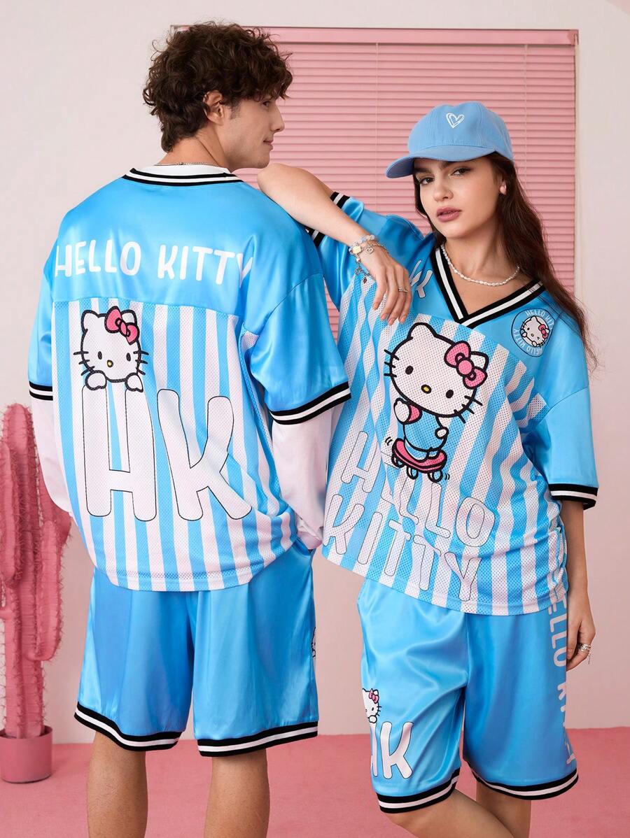 HELLO KITTY AND FRIENDS | SHEIN Unisex Casual Loose Character Print Blue & White Contrast Mesh T-Shirt & Shorts Set, Spring/Summer - Blue and White - View 1