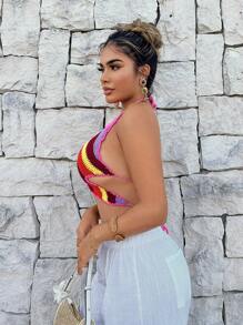 SHEIN SXY Women Sexy Striped Backless Halter Crop Top For Vacation