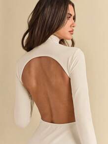 SHEIN BAE Bộ đồ liền thân dài tay khoét sâu gợi cảm cho nữ - Màu be - Xem 7