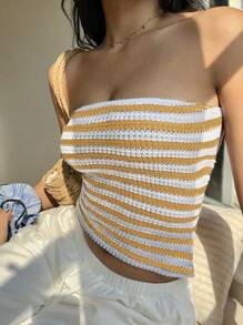 Sunnyshic 女士春夏休闲百搭针织条纹露背吊带背心 - 黃色 - 查看 5