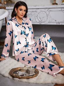 SHEIN Silk-Like Butterfly Print Lapel Long Sleeve Pajama Set - Baby Pink - View 1