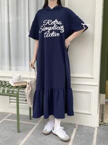 SHEIN Leap Crew Teen Girl Collegiate Letter Pattern Ruffle Hem Hooded Casual Dress - Navy Blue - View 4