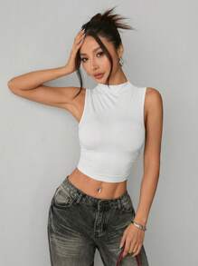 SHEIN PETITE Women's Solid Color Stand Collar Crop Fit Casual Top White - White - View 5