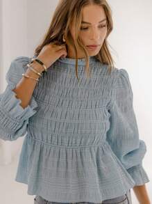 Aralina Boho Chic Shirred Long Sleeve Dobby Blouse - Dusty Blue - View 6