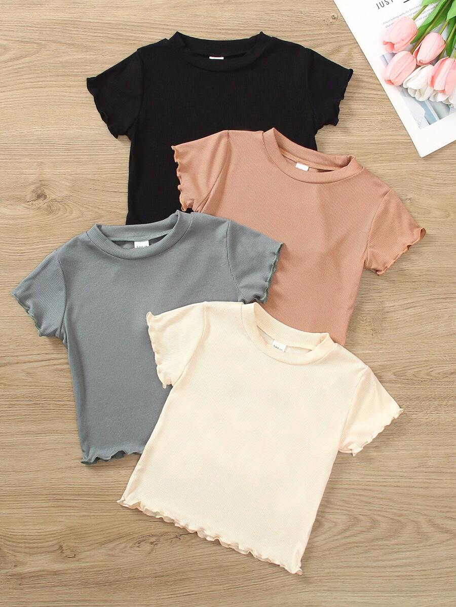 SHEIN Elladie kids 4pcs/Set Girls' Casual Solid Color Short Sleeve T-Shirt, Summer Summer Holiday - Multicolor - View 1