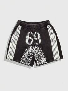 ROMWE MEN Prep Pantalones cortos de hombre con cintura de cordón estampado con rayas y estampado de leopardo
