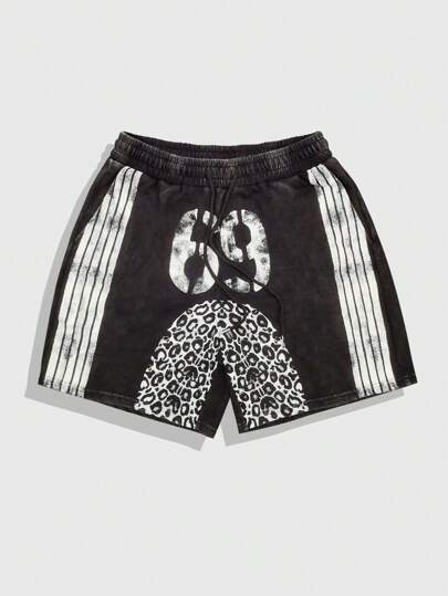 Prep Pantalones cortos de hombre con cintura de cordón estampado con rayas y estampado de leopardo