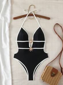 Swim Chiccia 女式优雅细肩带露背撞色边连体泳衣 - 黑與白 - 查看 5