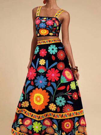 Travachic Women 2 Pieces Set: Printed Cropped Cami Top And High-Waist Skirt, Vacation Style,Summer Sets