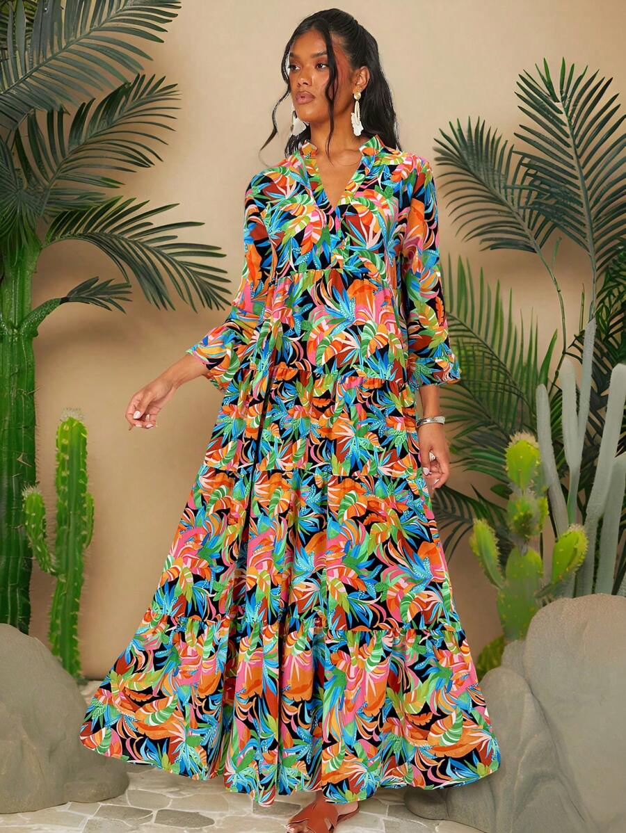 Travachic Gaun Pantai Tenun Motif Tropis dengan Hiasan Ruffle pada Garis Leher Asimetris, Lengan, dan Bagian Bawah - Hijau - View 1
