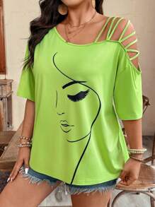 EMERY ROSE Camiseta de manga corta con cuello asimétrico y estampado de retrato, estilo casual para tallas grandes, para verano - Verde - Ver 4