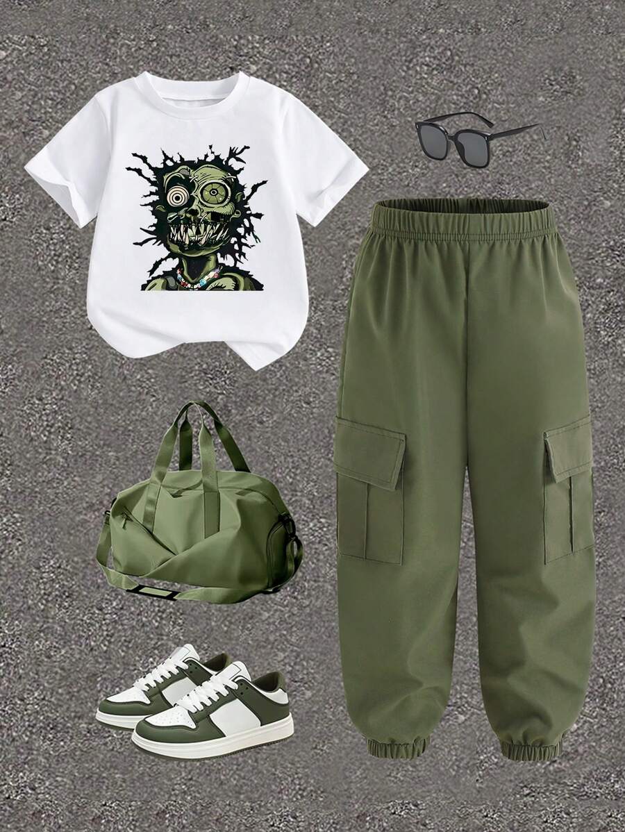 SHEIN 2pcs/Set Tween Boy Casual Minimalist Pattern Short Sleeve Round Neck T-Shirt And Cargo Shorts, Suitable For Summer - White - View 1