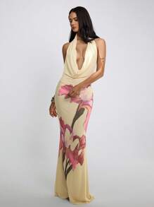 Aloruh Women's Sexy Backless Halter Dress With Floral Print Maxi Dress Women Summer Dress Women Summer Outfits For Women Vacation Outfits Woman Butter Yellow Dress Butter Yellow Dress