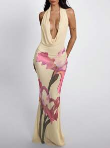 Aloruh Women's Sexy Backless Halter Dress With Floral Print Maxi Dress Women Summer Dress Women Summer Outfits For Women Vacation Outfits Woman Butter Yellow Dress Butter Yellow Dress