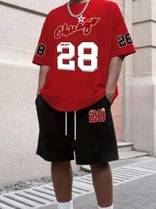 SHEIN Leap Crew 2 Pieces Casual Number & English Letter Printed Red T-Shirt & Black Shorts Set For Teen Boys, Street Punk Rock Academic Daily Outings Parties Music Festivals, Suitable For Spring/Summer, Basketball - Multicolor - View 1