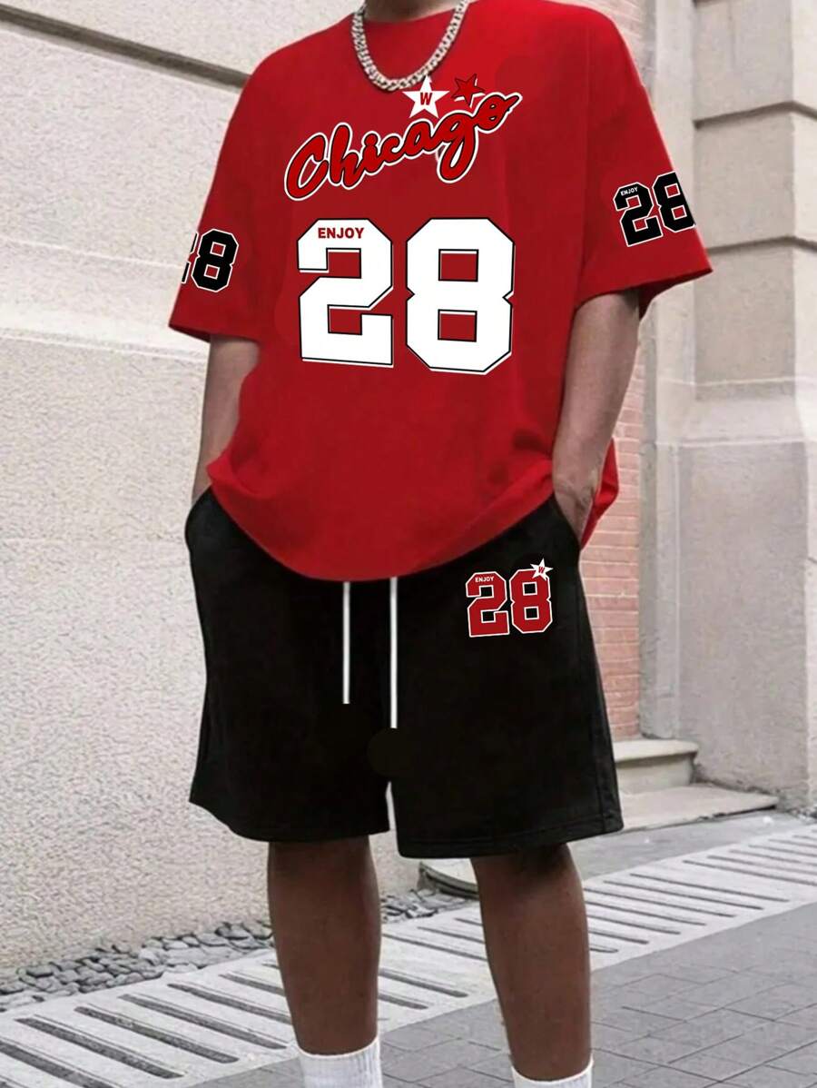 SHEIN Leap Crew 2 Pieces Casual Number & English Letter Printed Red T-Shirt & Black Shorts Set For Teen Boys, Street Punk Rock Academic Daily Outings Parties Music Festivals, Suitable For Spring/Summer, Basketball - Multicolor - View 1