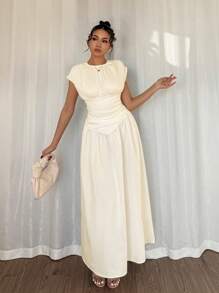 Rafferiza Women's Solid Color Round Neck Pleated Long Casual Summer Dress - Apricot - View 6