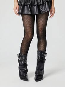 ROMWE Goth 1 Pair Women All-Season Maillard Leopard Print Tights - Black - View 4
