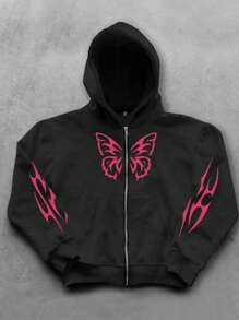 PAVTROS 男士蝴蝶印花拉链连帽运动衫，保暖内衬 - 黑色 - 查看 1