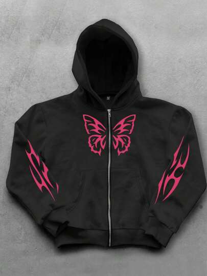 PAVTROS 男士蝴蝶印花拉链连帽运动衫，保暖内衬