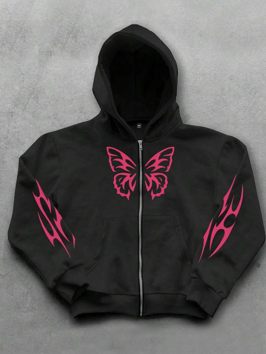 PAVTROS 男士蝴蝶印花拉链连帽运动衫，保暖内衬 - 黑色 - 查看 1