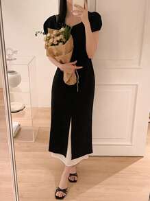 DAZY Elegant Design Color-Blocking Short Sleeve Midi Dress For Women Elegant Sundress