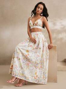 Anewsta 2 Pieces Set Women Summer, Holiday, Casual, Festival, Vacation - French Elegant Floral Embroidery Camisole Top And Long Skirt