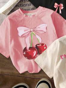 SHEIN 3pcs Set Young Girl Casual Bow & Cherry Print Round Neck Short Sleeve T-Shirts, Suitable For Spring/Summer - Multicolor - View 3