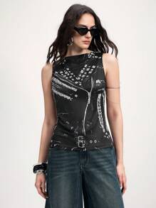 Chiquease 女士黑白 3D 印花无袖休闲上衣，适合通勤，春夏季 - 黑色 - 查看 7