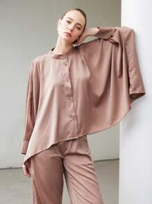 Aveloria Modichic Women's 2 Pieces Set High-Quality Satin Stand Collar Cape Design Shirt With Loose Straight Leg Pants,Shades Of Brown,Autumn,Chic,Lounge Fashion Suit - Khaki - View 4