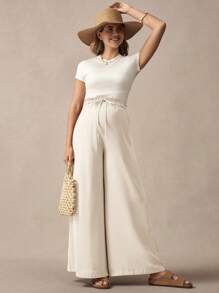 SHEIN Bowknot Maternity Pants, Simple Stylish Design Suitable For Summer - Apricot - View 3
