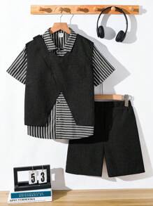 Bộ 3 áo vest có cấu trúc cho bé trai tuổi mới lớn, áo phông sọc tay ngắn và quần short - màu đen - Xem 1