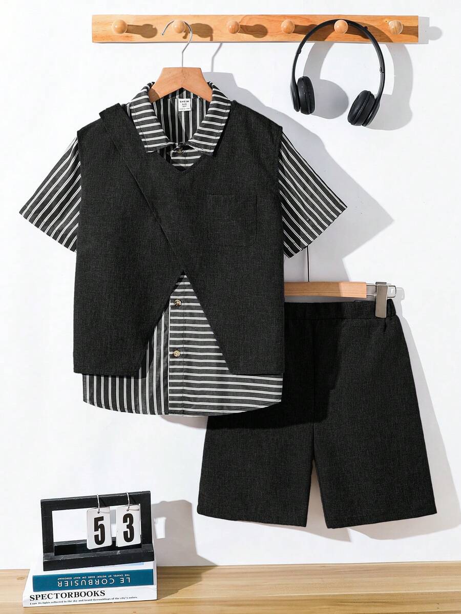 Bộ 3 áo vest có cấu trúc cho bé trai tuổi mới lớn, áo phông sọc tay ngắn và quần short - màu đen - Xem 1