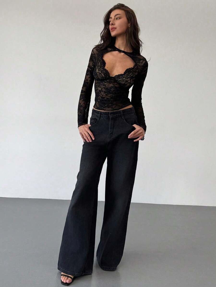 Aloruh Blusa de manga larga con cuello en V profundo, transparente y con detalles de encaje negro para mujeres