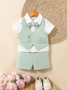 3 Stück/Set Kleinkind Jungen Gentlemen Outfit: grün-graue Weste + weißes Hemd + Shorts, geeignet für Hochzeit, Party, Blumenjunge, Lässig & Süß - Verschiedenfarbig - Übersicht 3