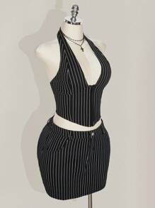 SHEIN ICON Plus Size Striped Halter Neck Backless V-Neck Top And Striped Bodycon Skirt 2 Pieces Set - Black and White - View 9