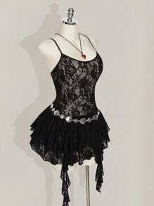 SHEIN ICON Plus Size Round Neck Lace Strap Dress, Double Layer Ruffle Hem Strap Dress, For Music Festival - Black - View 8