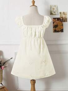 SHEIN Unity V Neck Ruffle Tie Front Hollow Out Floral Embroidered Mini Dress, Vacation Style - Apricot - View 2