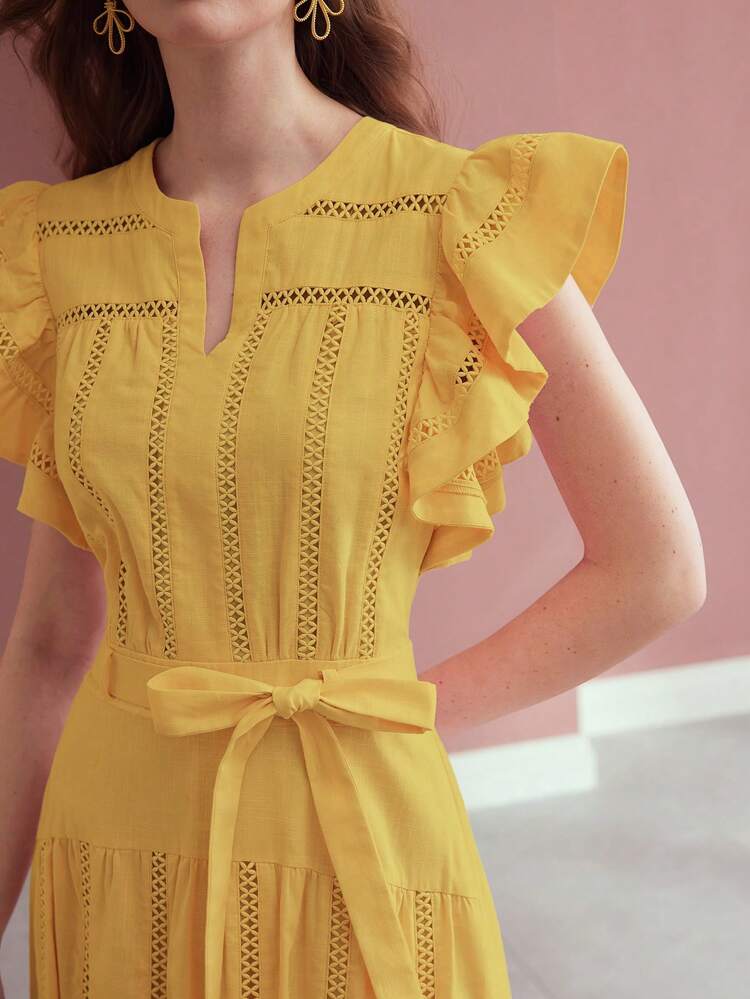 BELTED RUFFLE NOTCHED DRESS