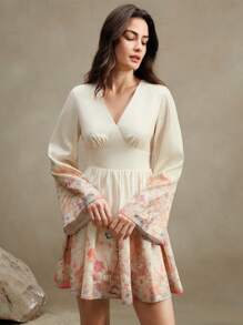 Anewsta 优雅花卉印花 V 领系腰喇叭袖节日派对礼服，适合情人节、新年、度假、波西米亚风、春季服装 - 橘色 - 查看 7