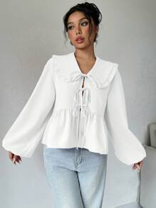 SHEIN Unity 个性领口灯笼袖前结荷叶边衬衫夏季女式衬衫 - 白色 - 查看 5