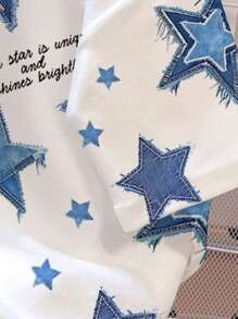 SHEIN 五角星和英文字母印花宽松针织休闲青少年女孩 T 恤，适合夏季 - 彩色 - 查看 4