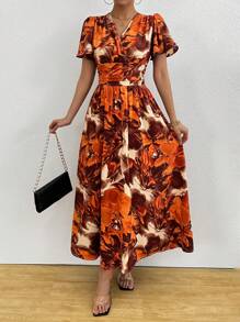 Chiquease Holiday Women's Boho Romantic Beach Women Outfits Concert Outfit Women Holiday Casual V-Neck Short Sleeves Retro Large Flower Orange Brown Retro Print Retro Print Waist Slim Back Flared Side Slit A-Line Long 2025 New Dress - Orange - View 6