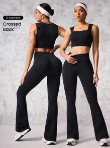 Seamluxe SHEIN Sport 女士纯色短款无缝背心和喇叭裤运动套装女士健身套装