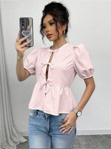 Chiquease Camisa corta de verano para mujer de unicolor con mangas abullonadas y lazo - Rosa Pálido - Ver 5